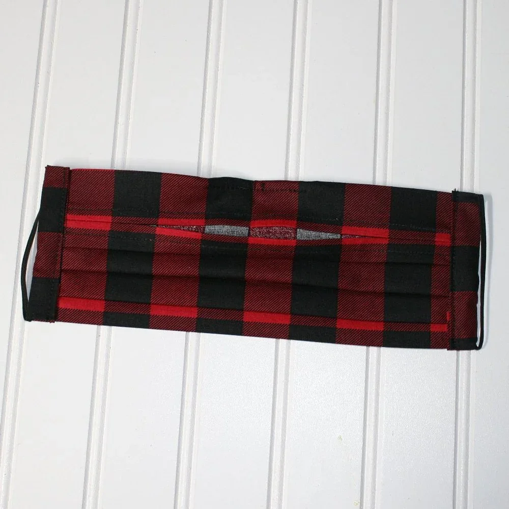 HAND CRAFTED Face Mask Plaid Red Black Buffalo Adult Cloth Fabric Print - Pocket